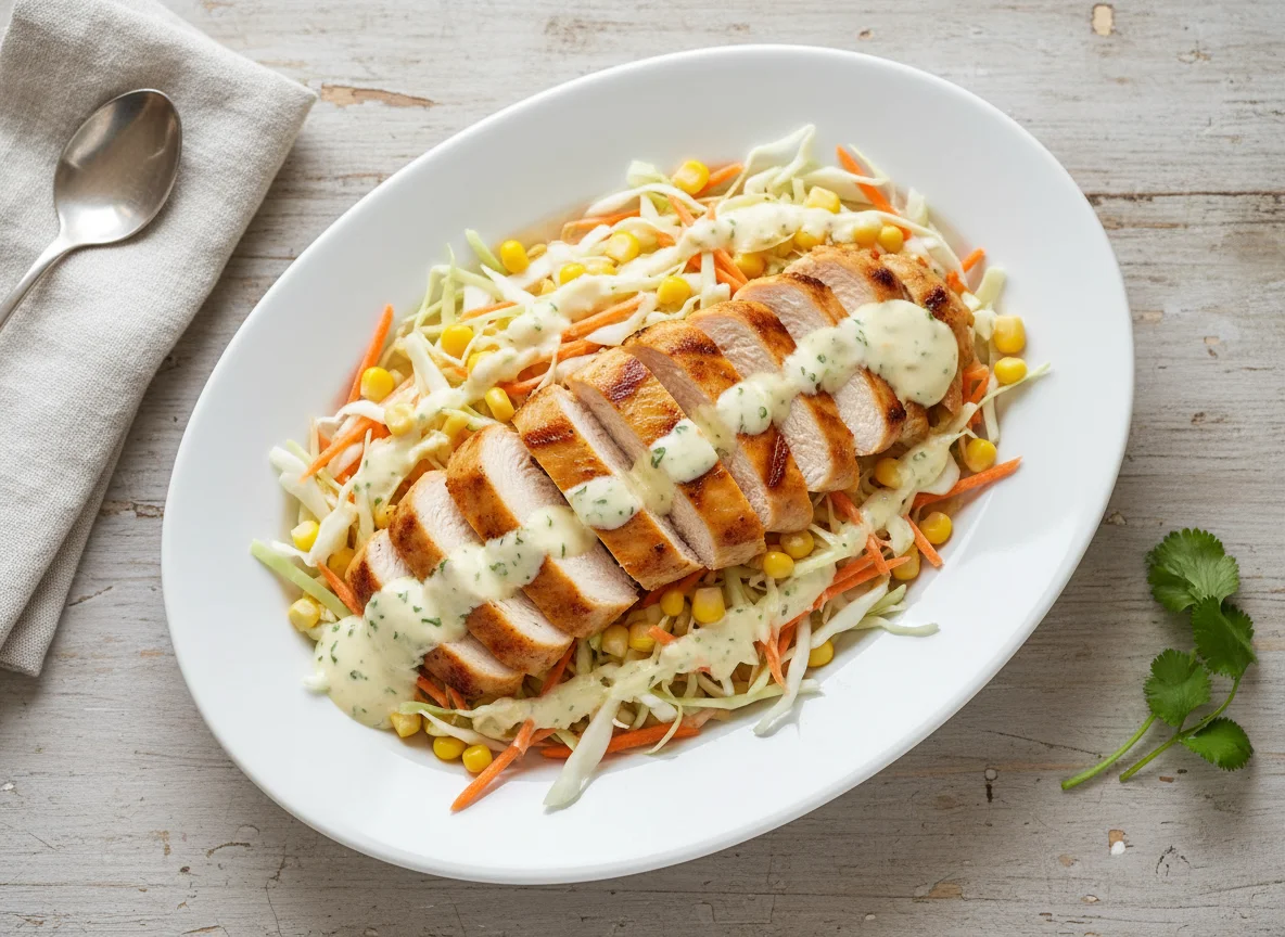 Chicken Breast, Sweetcorn, White Cabbage and Shredded Carrot Salad photo