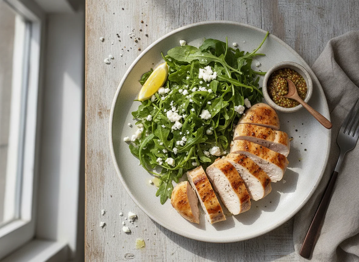 Chicken breast with arugula and feta cheese photo