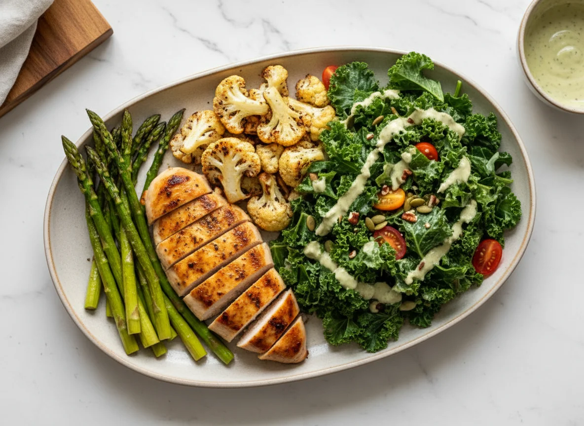 Chicken Breast with Asparagus, Cauliflower, and Kale Salad photo