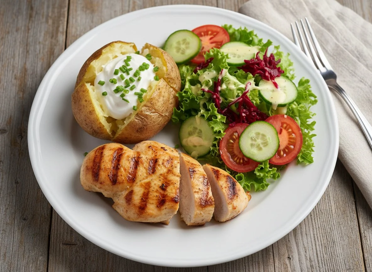 Chicken breast with baked potato and salad photo
