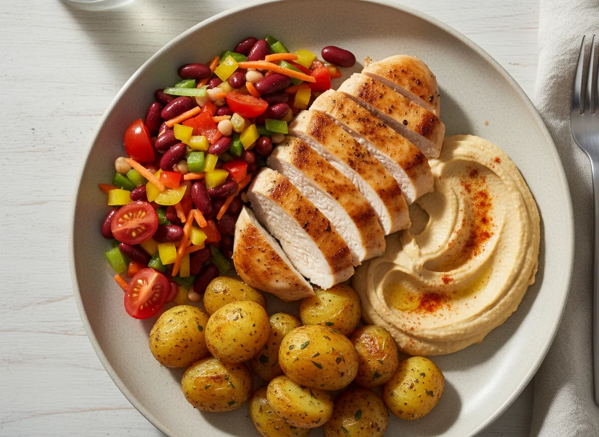 Chicken breast with bean salad, roasted potatoes and hummus photo