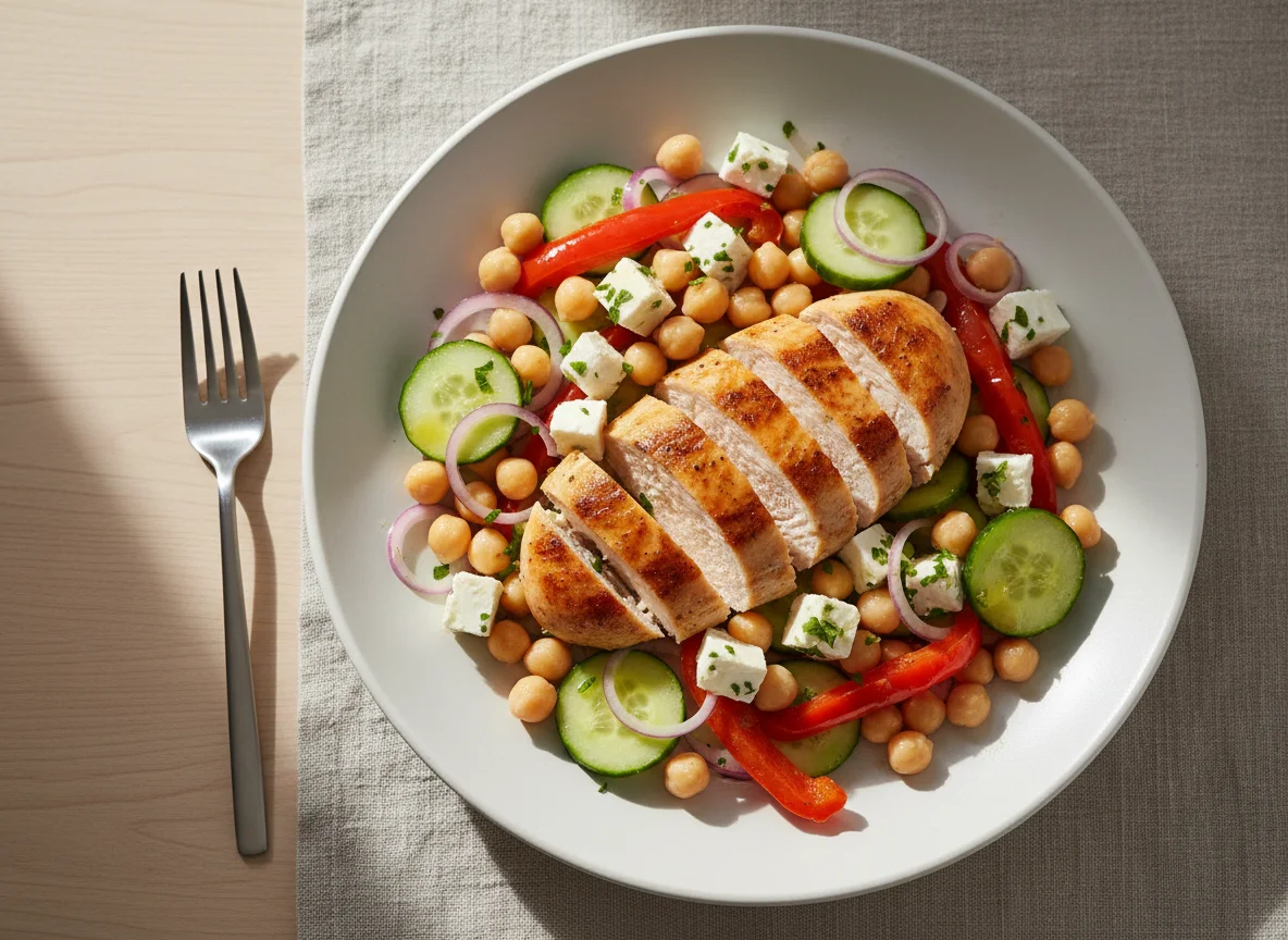 Chicken breast with boiled chickpeas and vegetables photo
