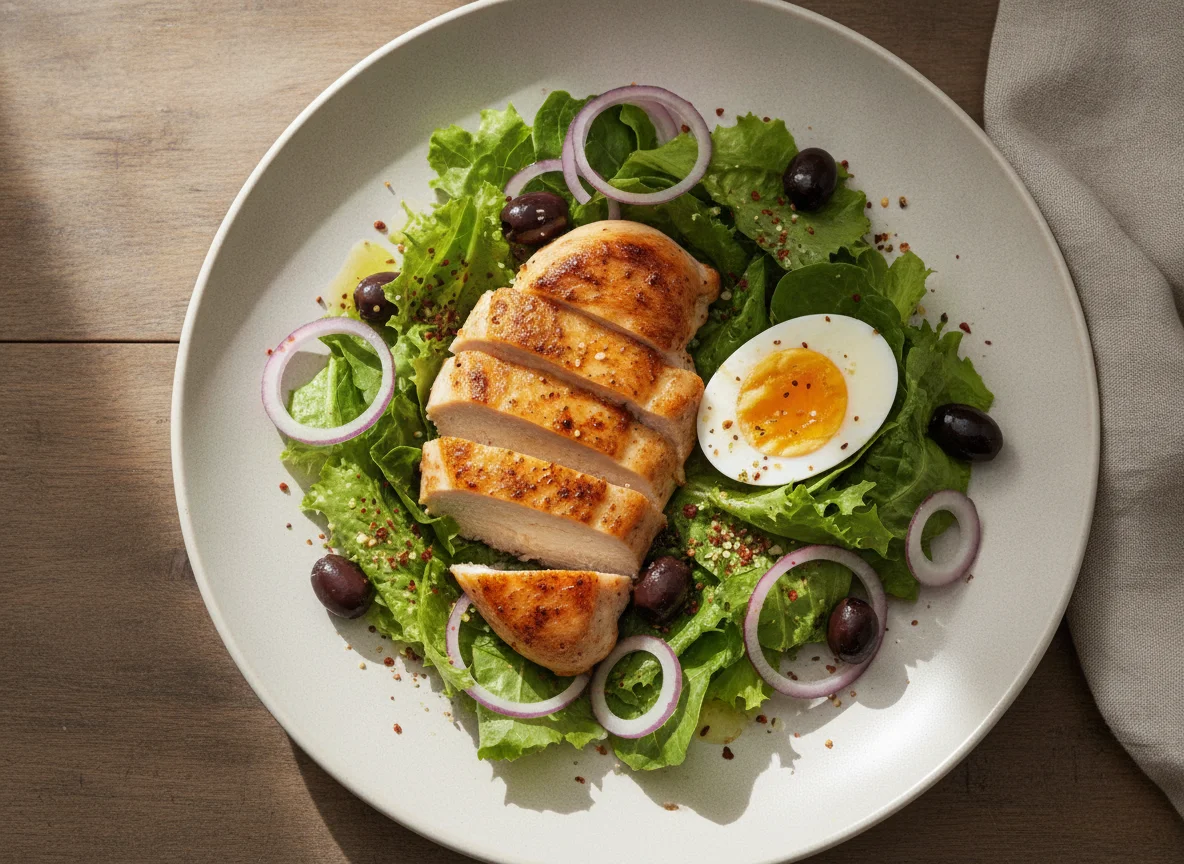 Chicken breast with boiled egg and salad photo