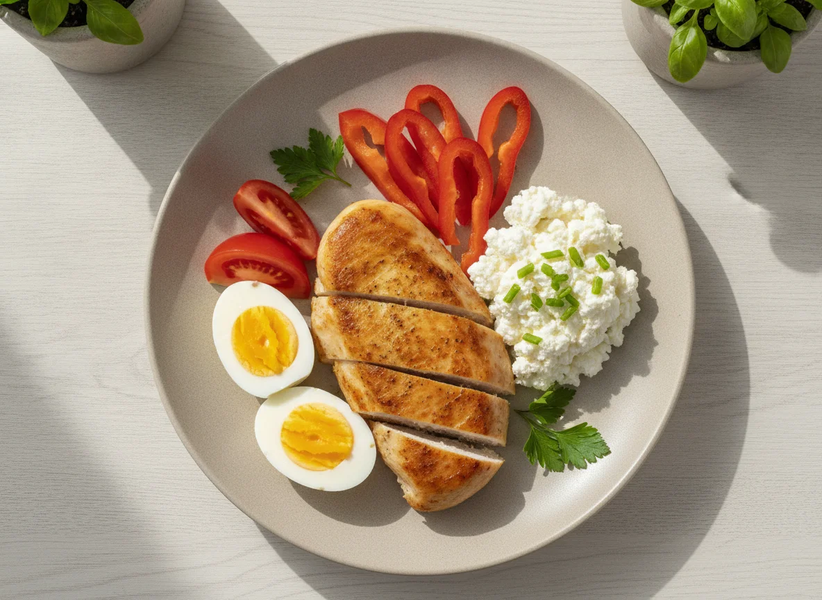 Chicken breast with boiled egg, cottage cheese and vegetables photo