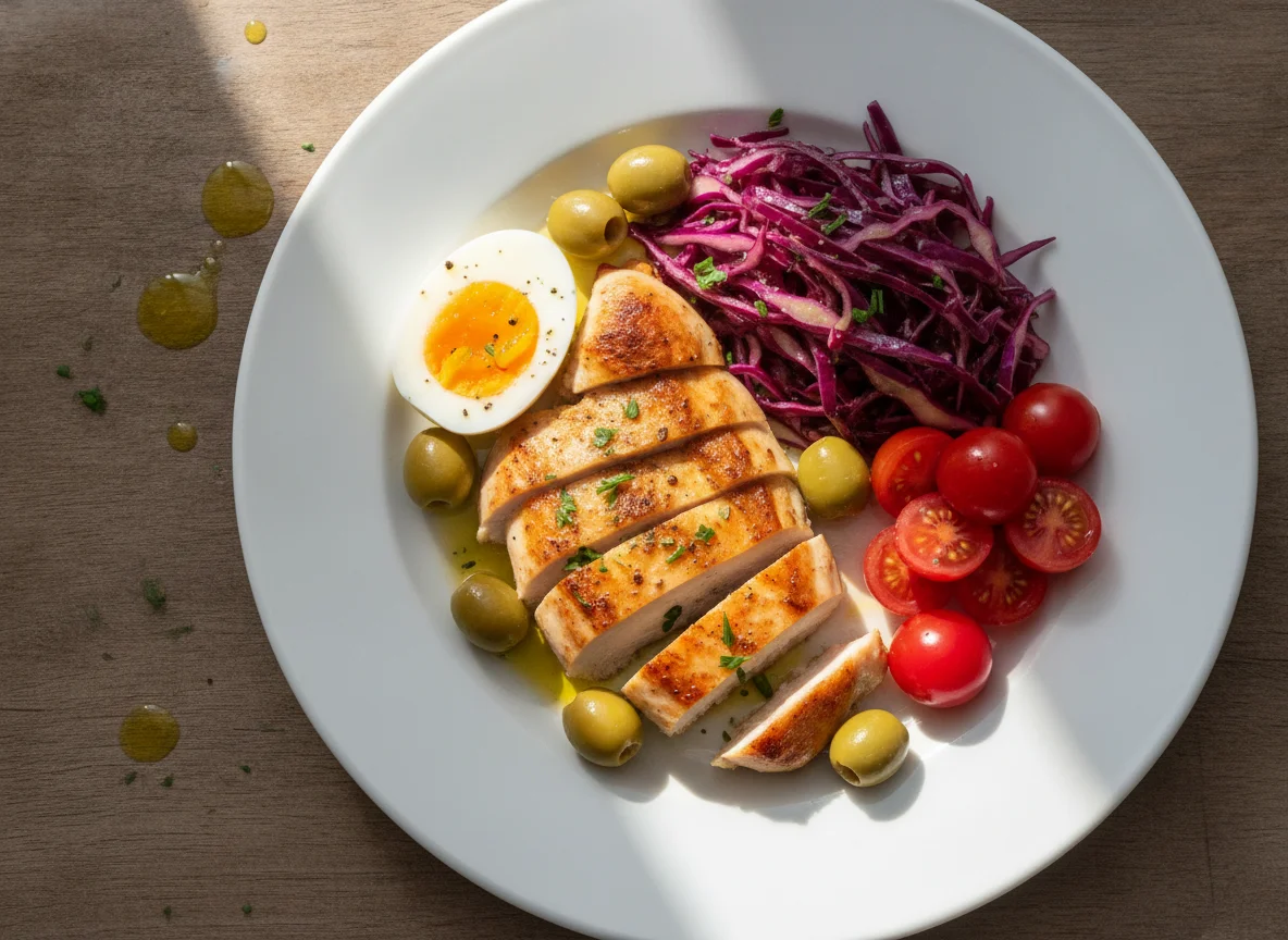 Chicken breast with boiled egg, red cabbage, and cherry tomatoes photo
