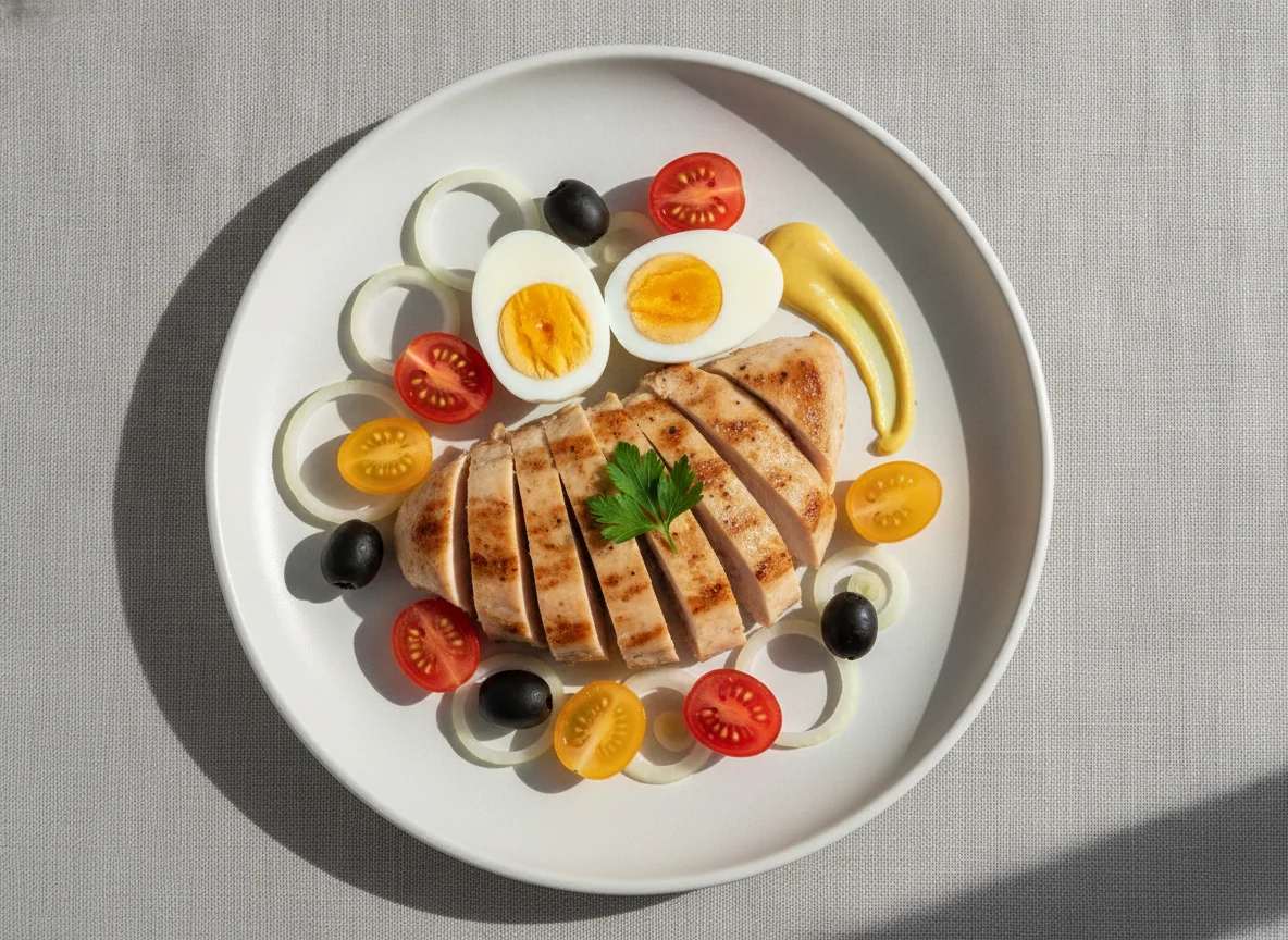 Chicken breast with boiled egg, tomatoes, and onions photo
