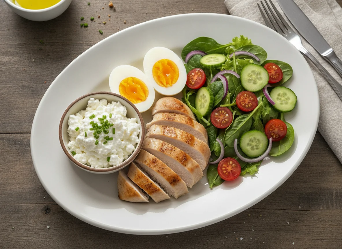 Chicken breast with boiled eggs, cottage cheese and salad photo