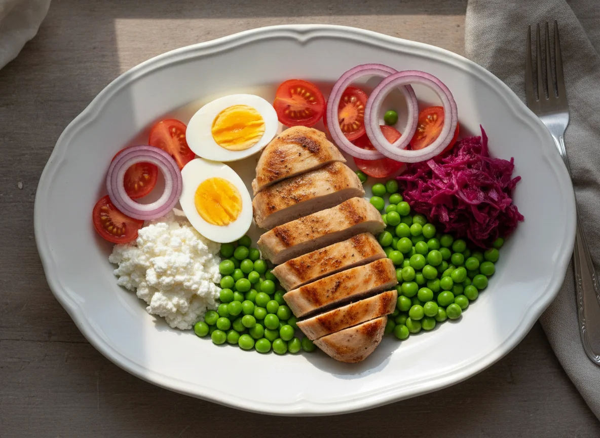 Chicken breast with boiled eggs, peas, and vegetables photo