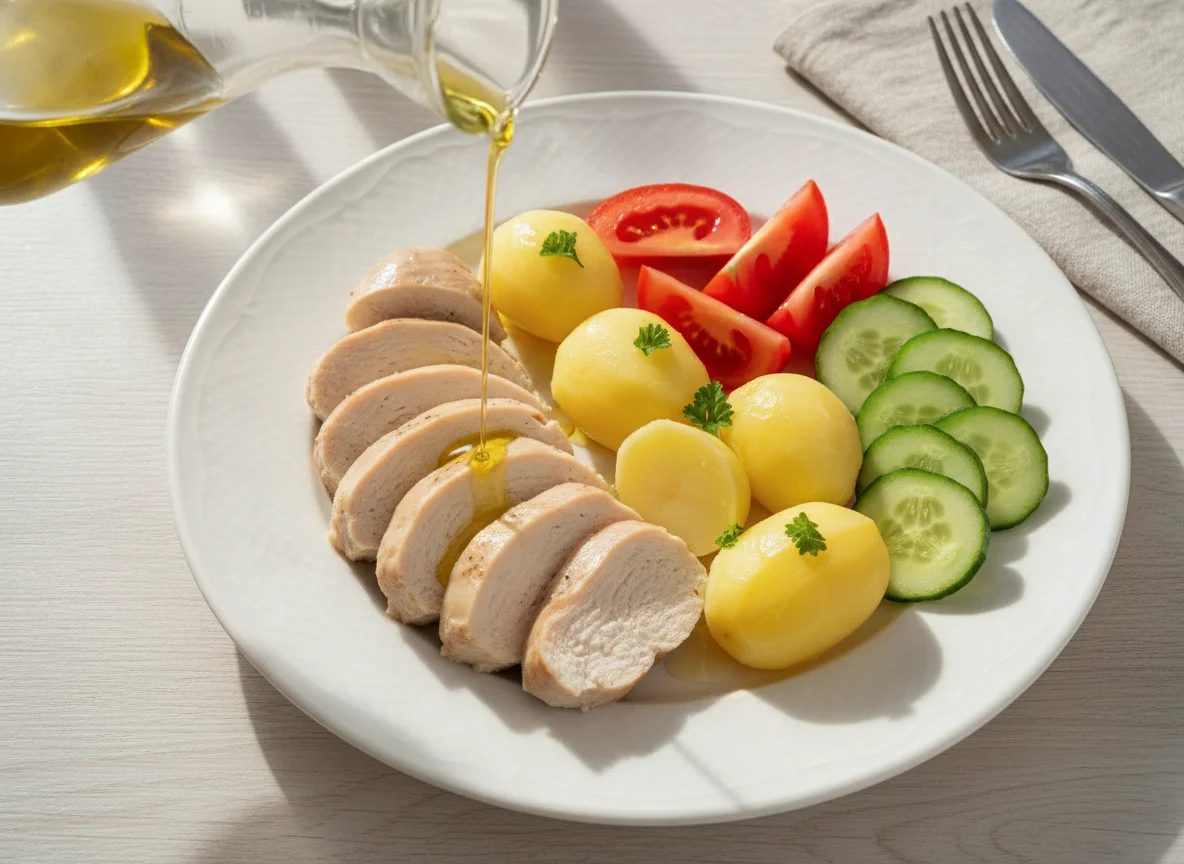 Chicken breast with boiled potatoes and fresh vegetables photo