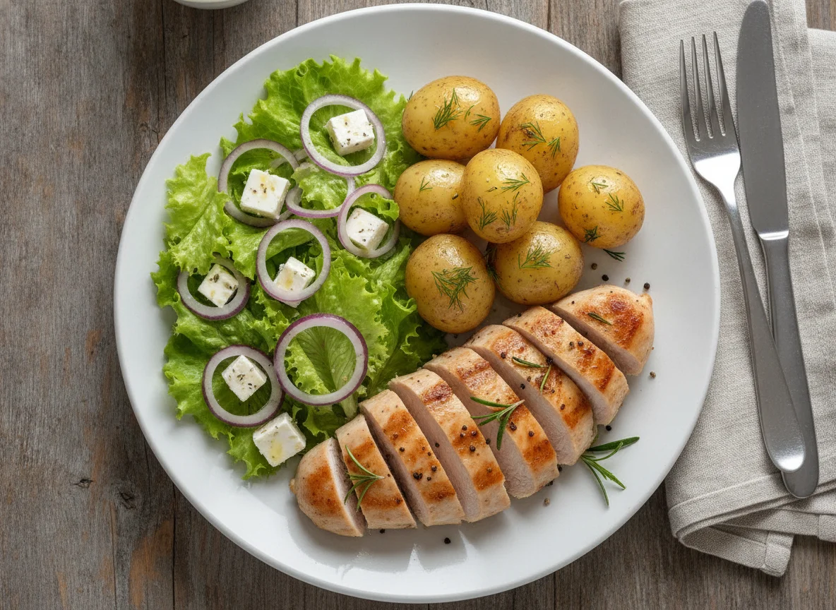 Chicken breast with boiled potatoes and green salad photo
