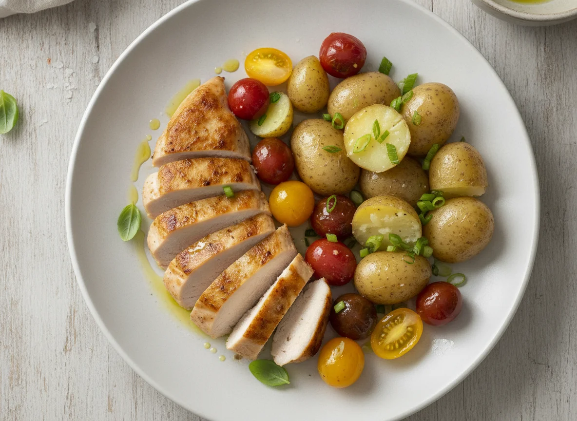 Chicken breast with boiled potatoes and heirloom tomatoes photo