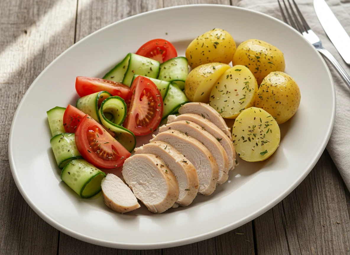 Chicken breast with boiled potatoes and salad photo