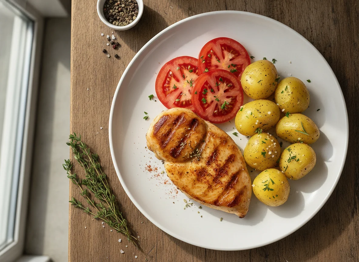 Chicken breast with boiled potatoes and sliced tomatoes photo
