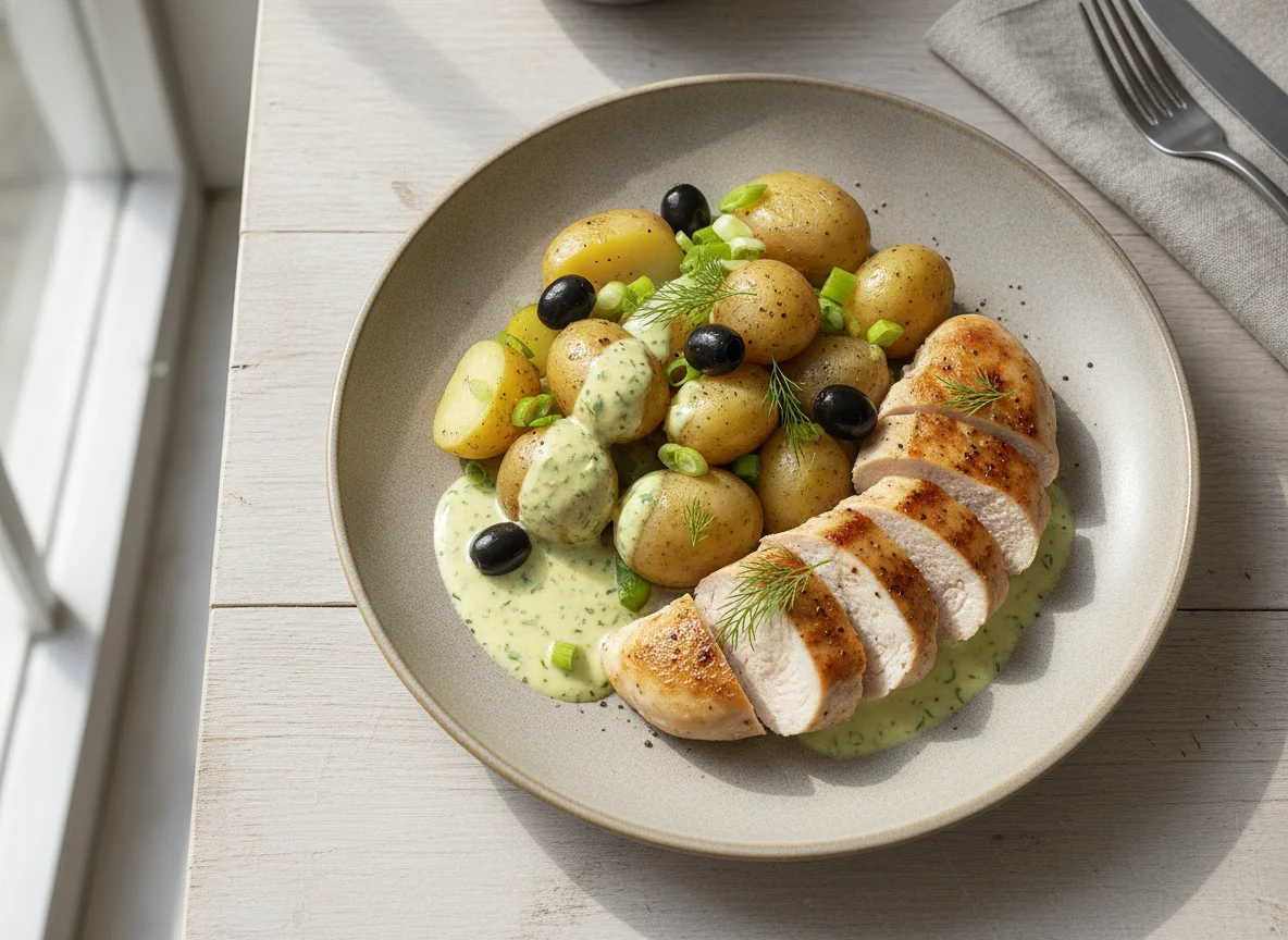 Chicken breast with boiled potatoes and spring onion photo