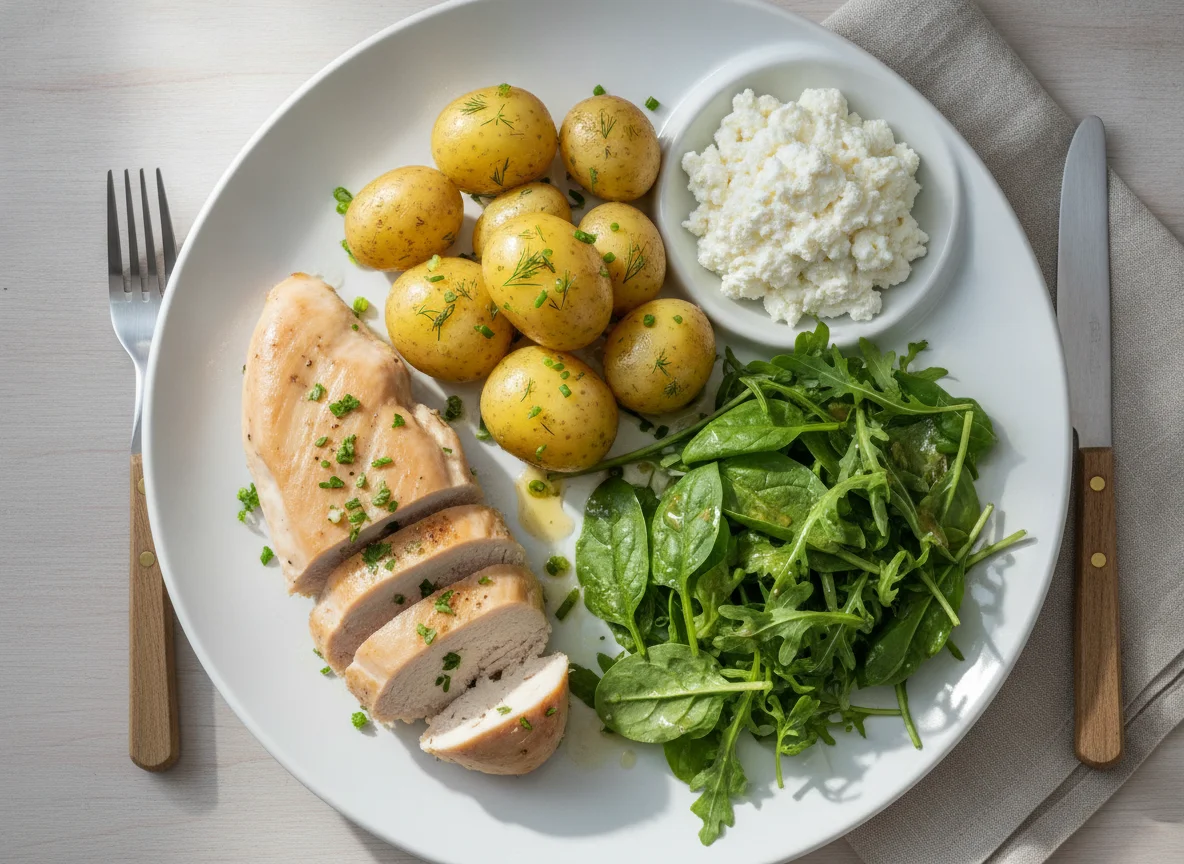 Chicken breast with boiled potatoes, cottage cheese and green salad photo