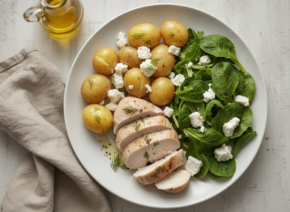 Chicken breast with boiled potatoes, feta cheese and green salad photo