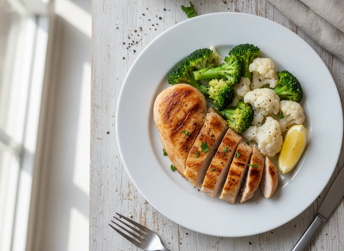 Chicken breast with broccoli and cauliflower photo