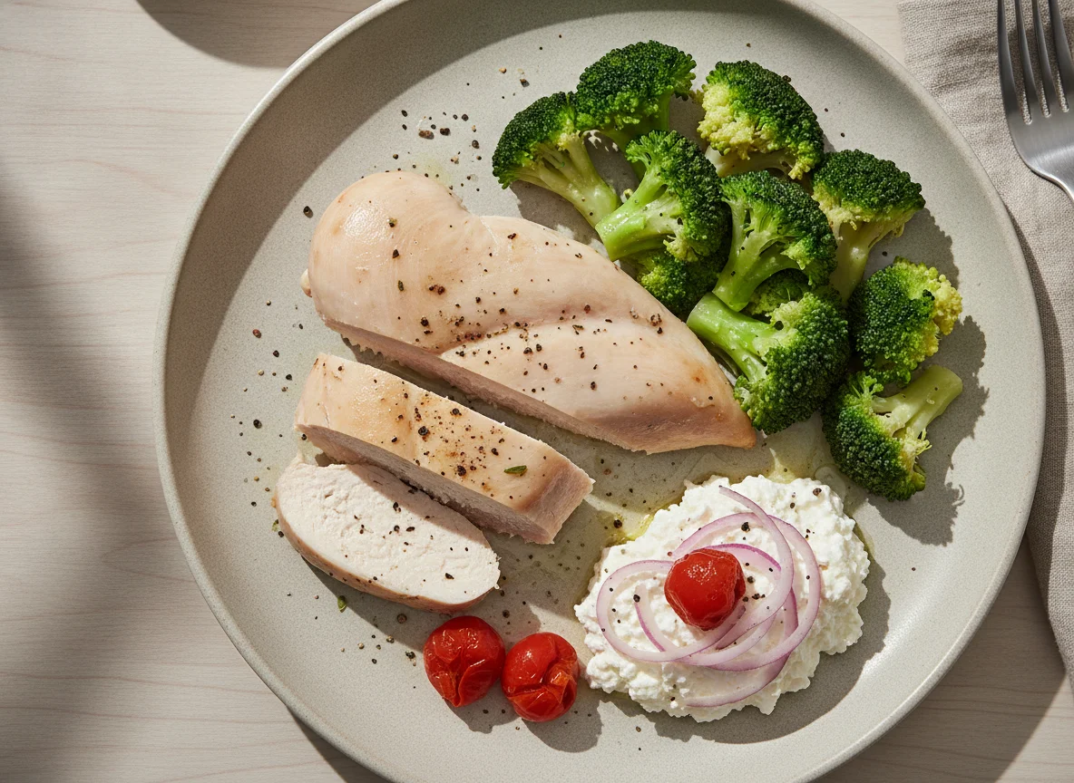 Chicken breast with broccoli and cottage cheese photo
