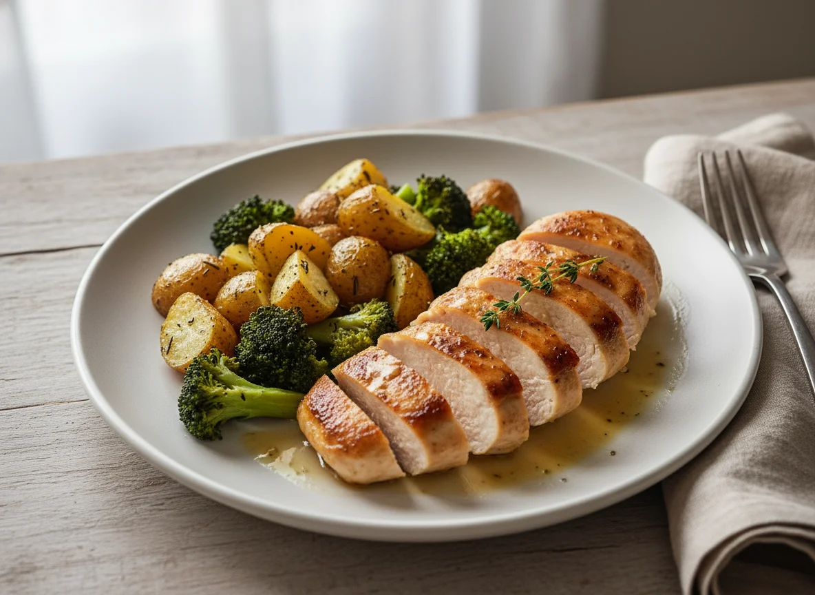 Chicken breast with broccoli and potatoes photo