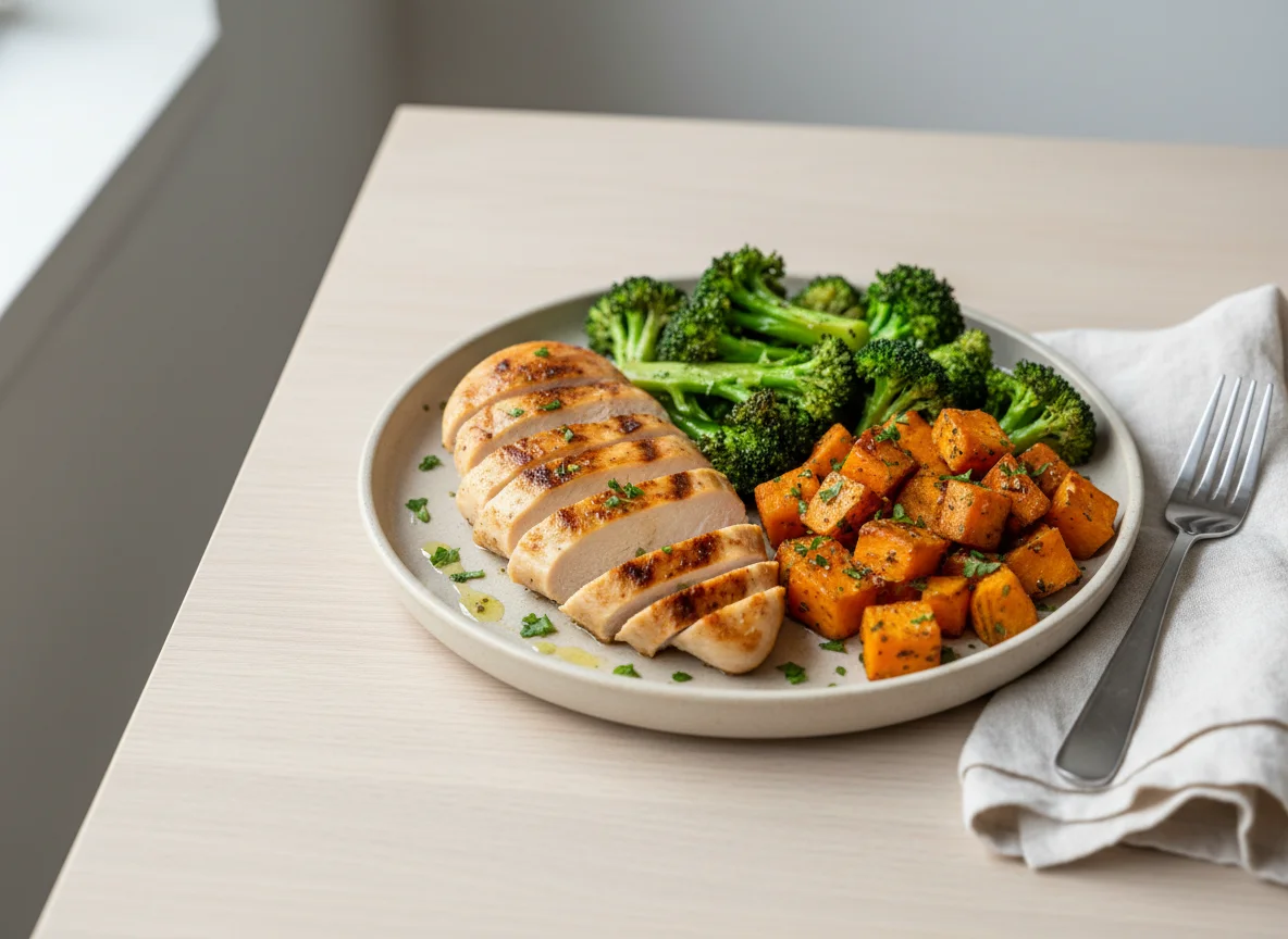 Chicken breast with broccoli and sweet potato photo