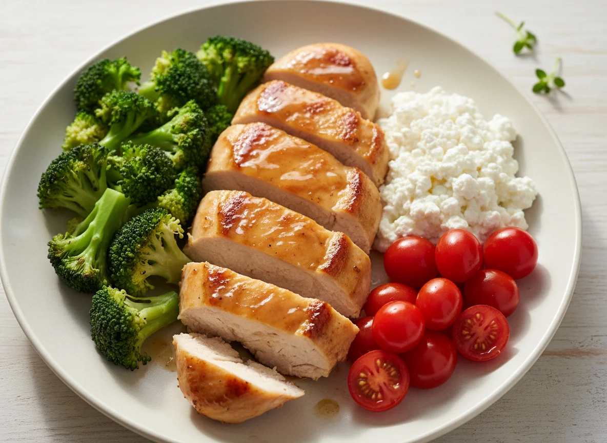 Chicken breast with broccoli, cottage cheese and cherry tomatoes photo