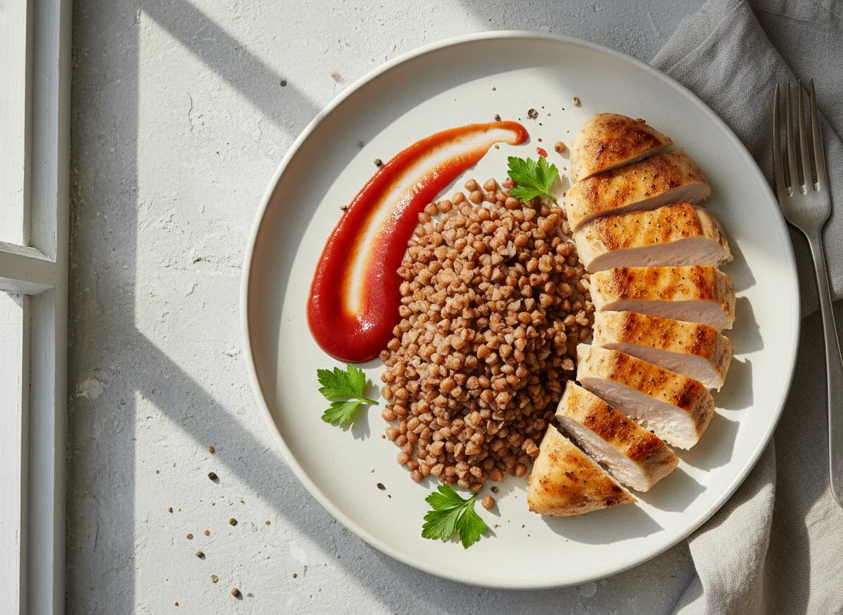 Chicken breast with buckwheat and ketchup photo