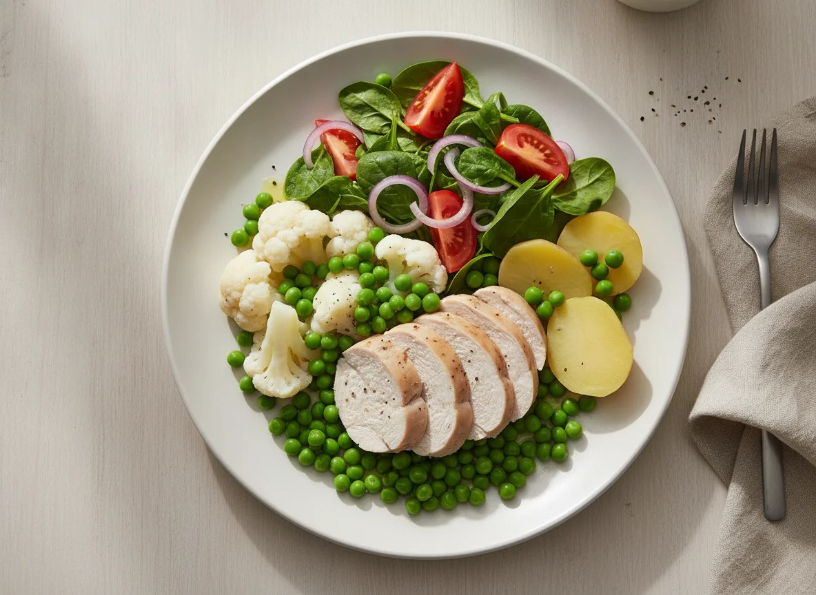 Chicken breast with cauliflower, peas, and salad photo