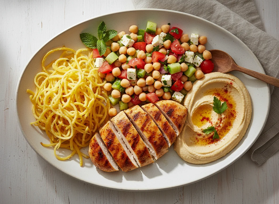 Chicken breast with chickpea salad, spaghetti squash and hummus photo