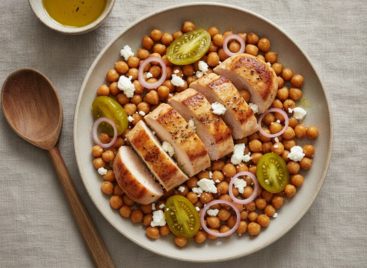 Chicken breast with chickpeas and feta cheese photo