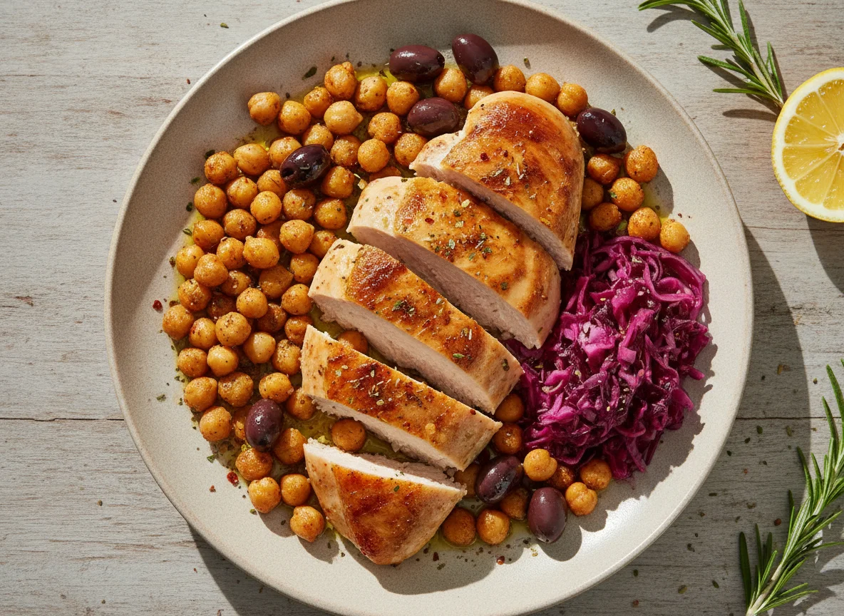 Chicken breast with chickpeas and olives photo