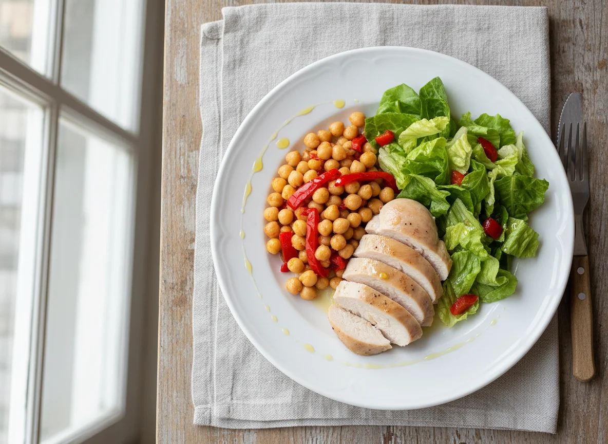 Chicken breast with chickpeas and salad photo