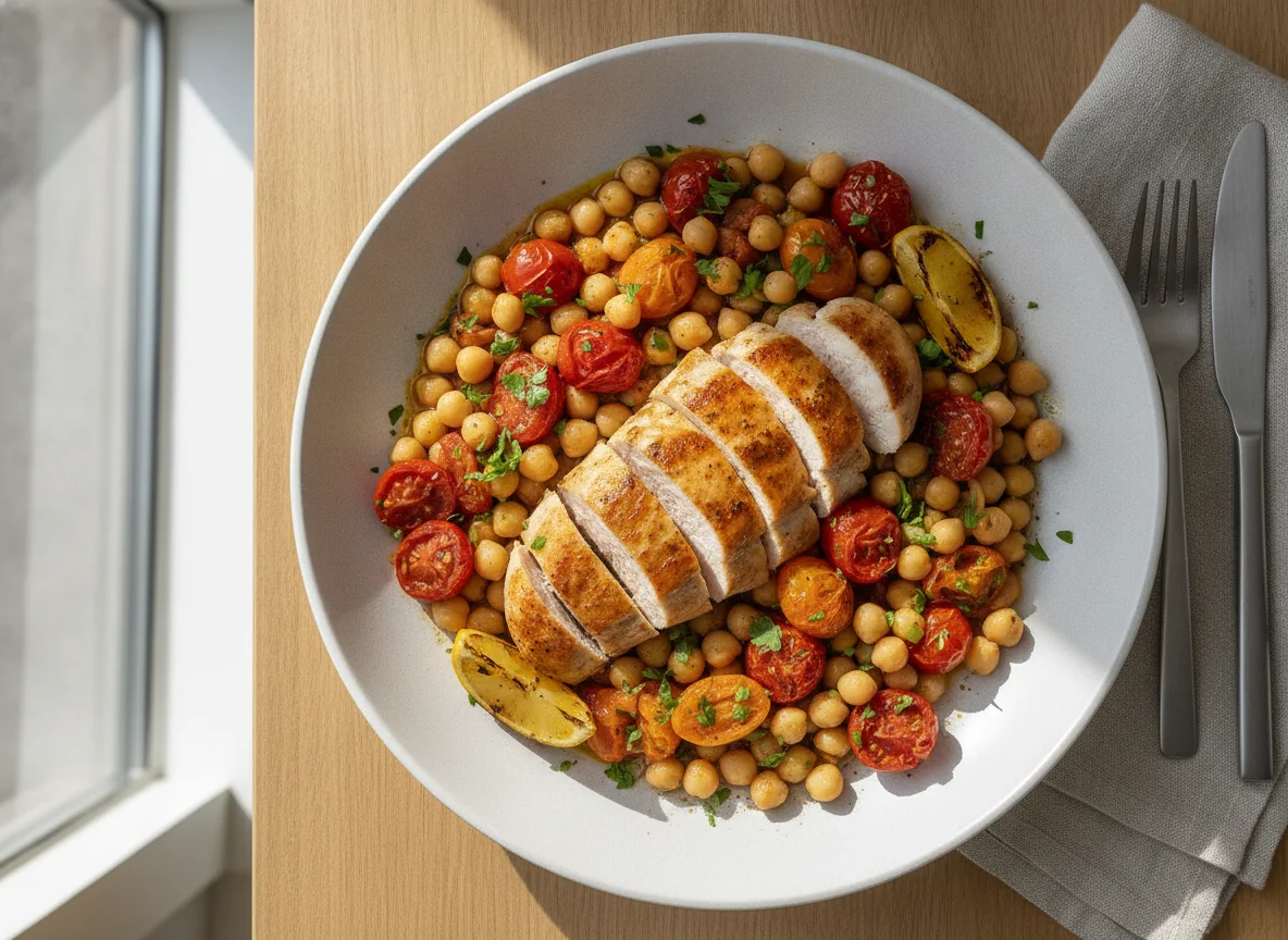 Chicken breast with chickpeas and tomatoes photo