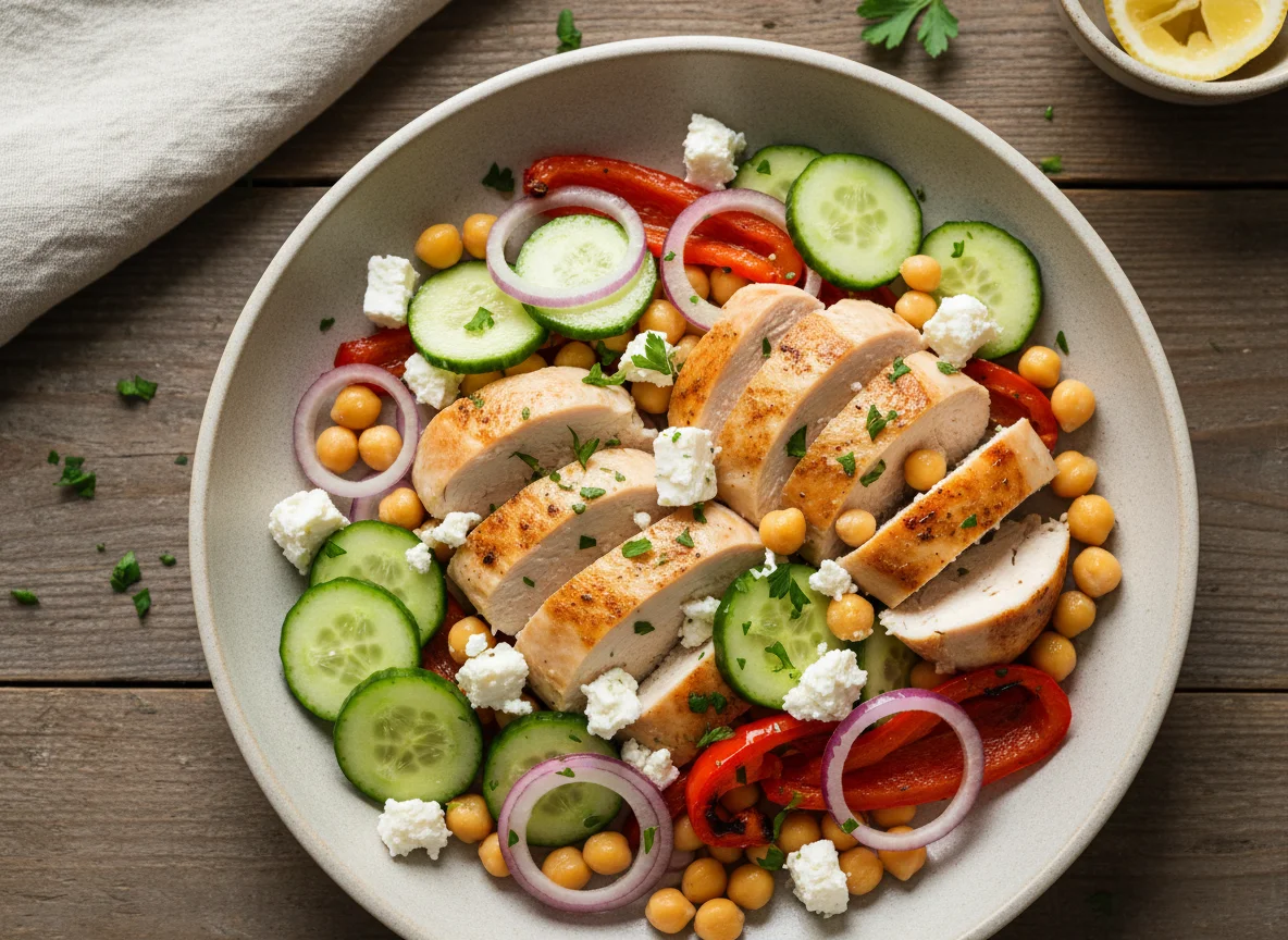 Chicken breast with chickpeas and vegetables photo