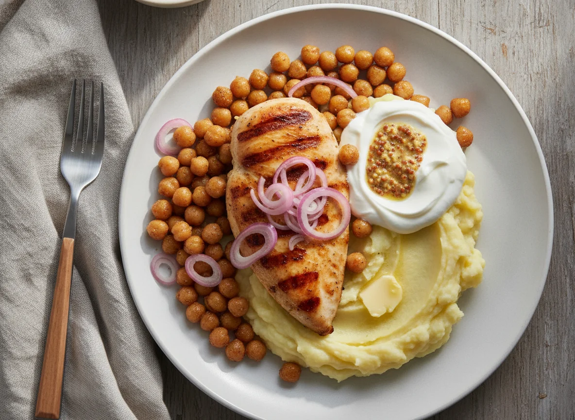 Chicken breast with chickpeas and yogurt photo