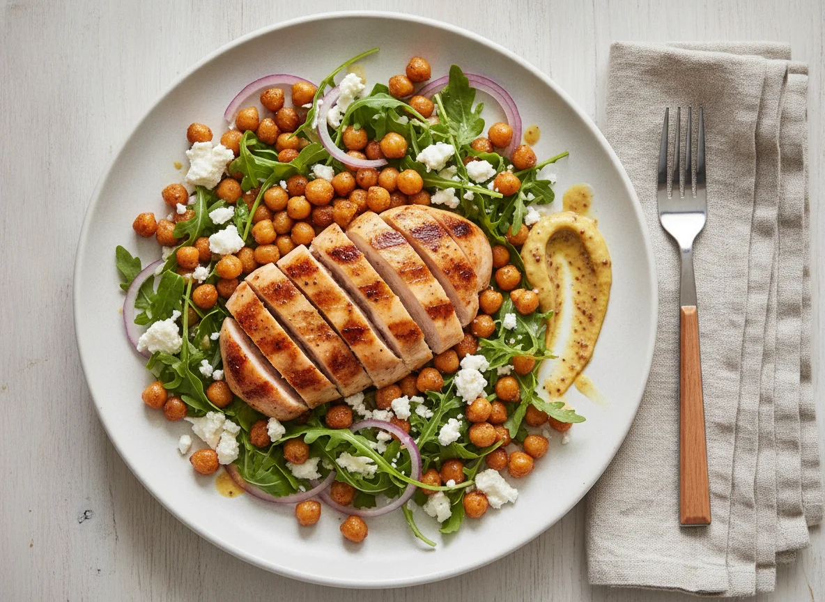 Chicken breast with chickpeas, feta, and greens photo