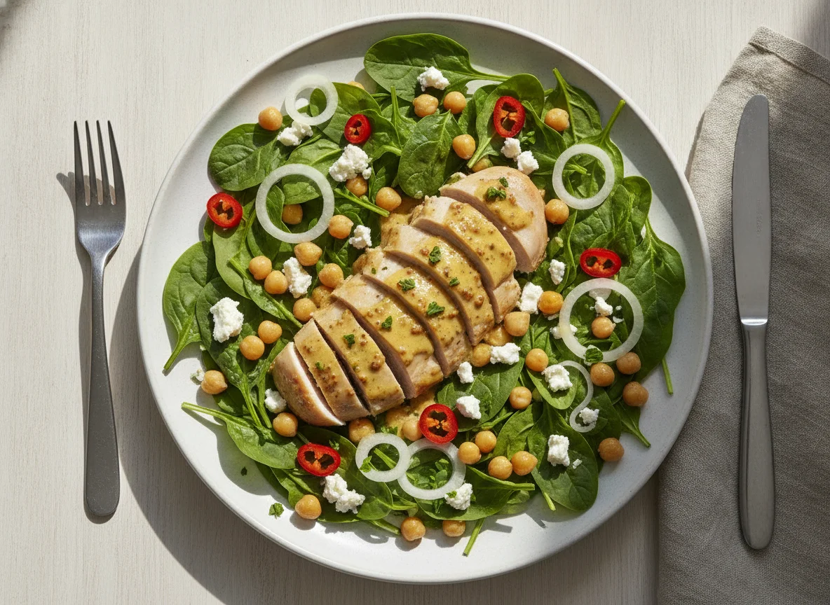 Chicken breast with chickpeas, feta, and spinach salad photo