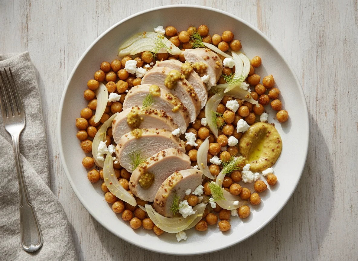 Chicken breast with chickpeas, feta cheese, and fennel photo