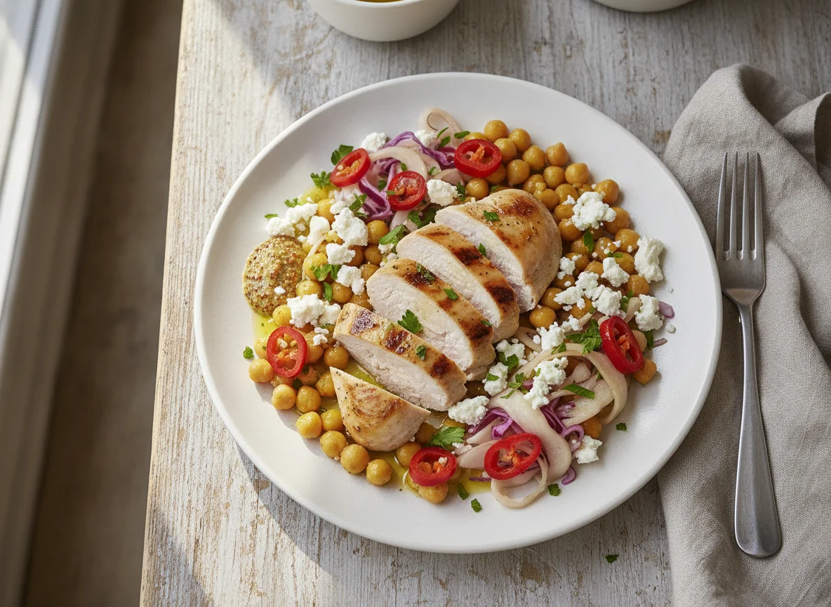 Chicken breast with chickpeas, feta cheese, and pickled peppers photo
