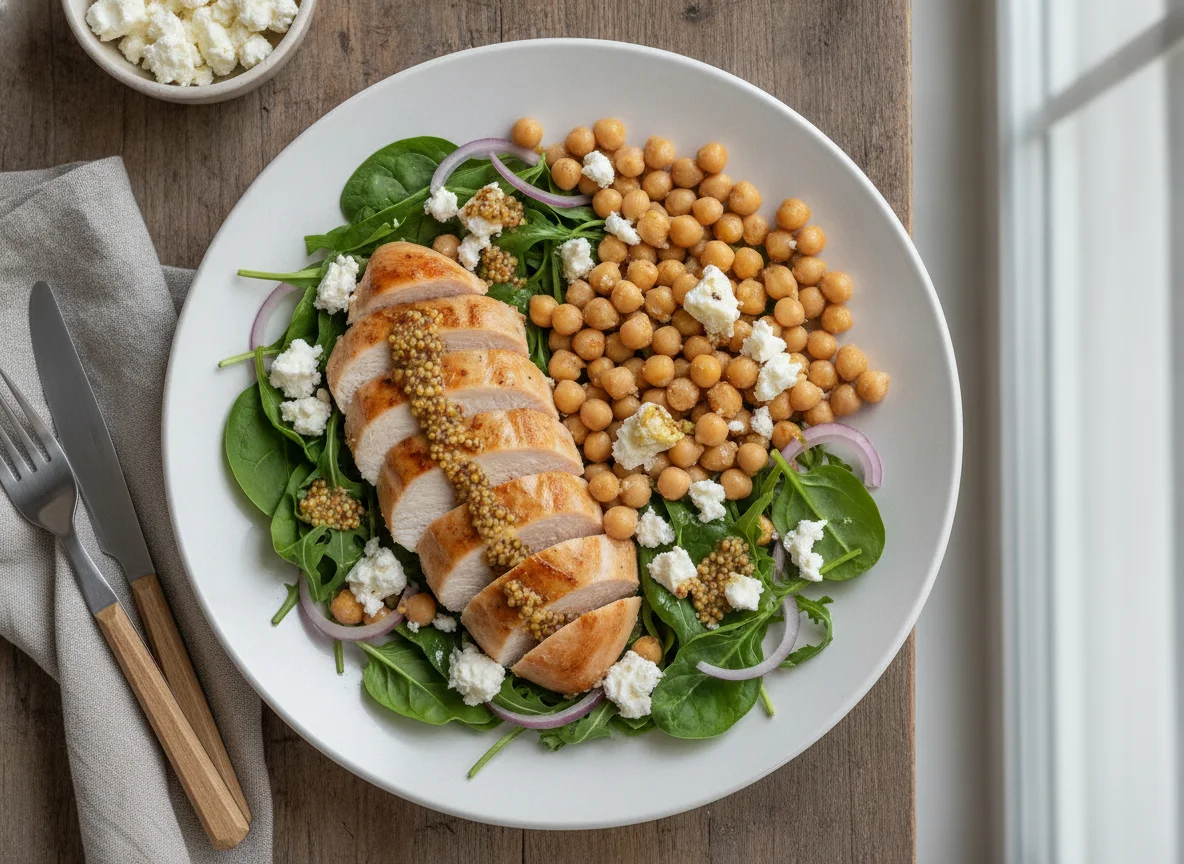 Chicken breast with chickpeas, feta cheese, and salad photo