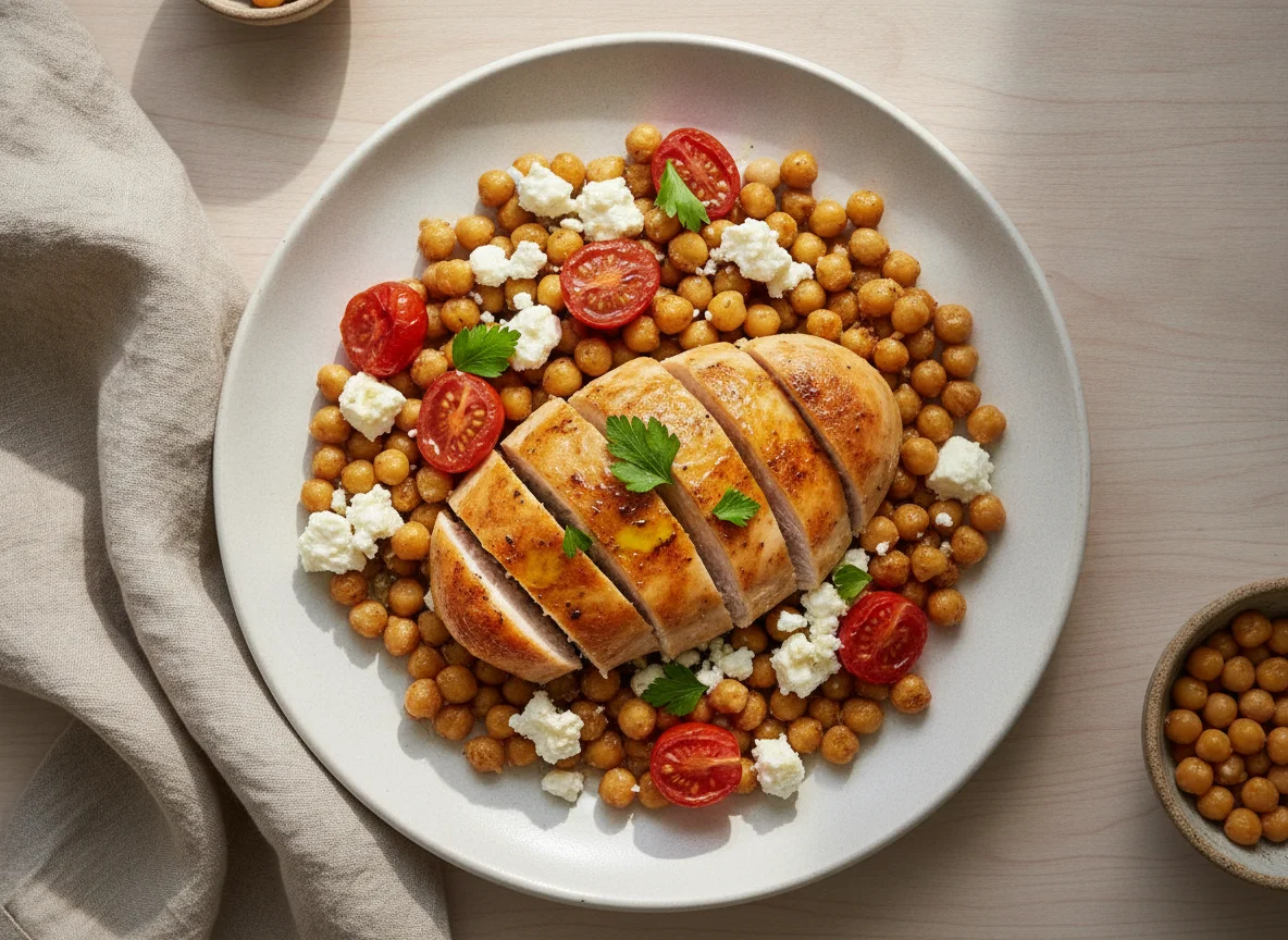 Chicken breast with chickpeas, feta cheese and tomatoes photo