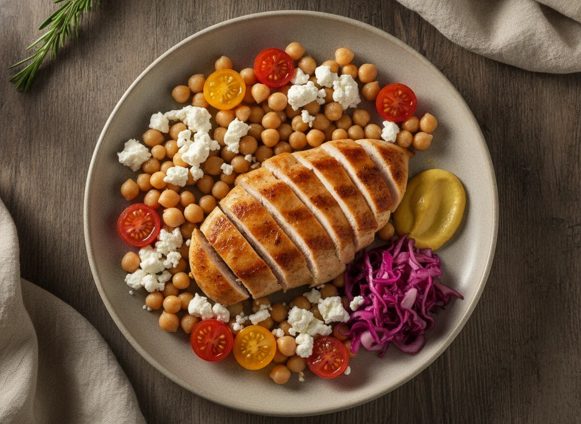 Chicken breast with chickpeas, feta cheese, and tomatoes photo