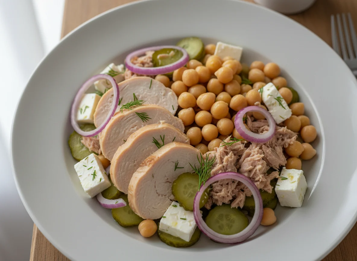 Chicken breast with chickpeas, tuna, and red onion photo