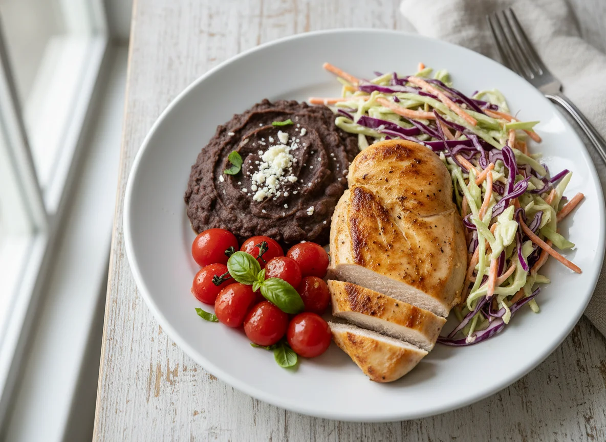 Chicken breast with coleslaw, tomatoes and refried beans photo