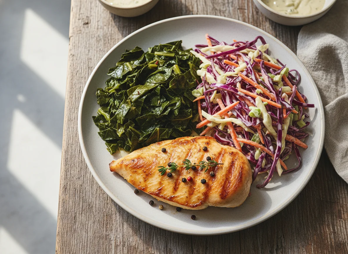 Chicken breast with collard greens and coleslaw photo