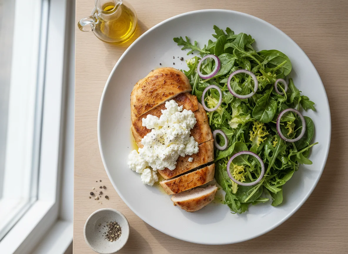 Chicken breast with cottage cheese and green salad photo