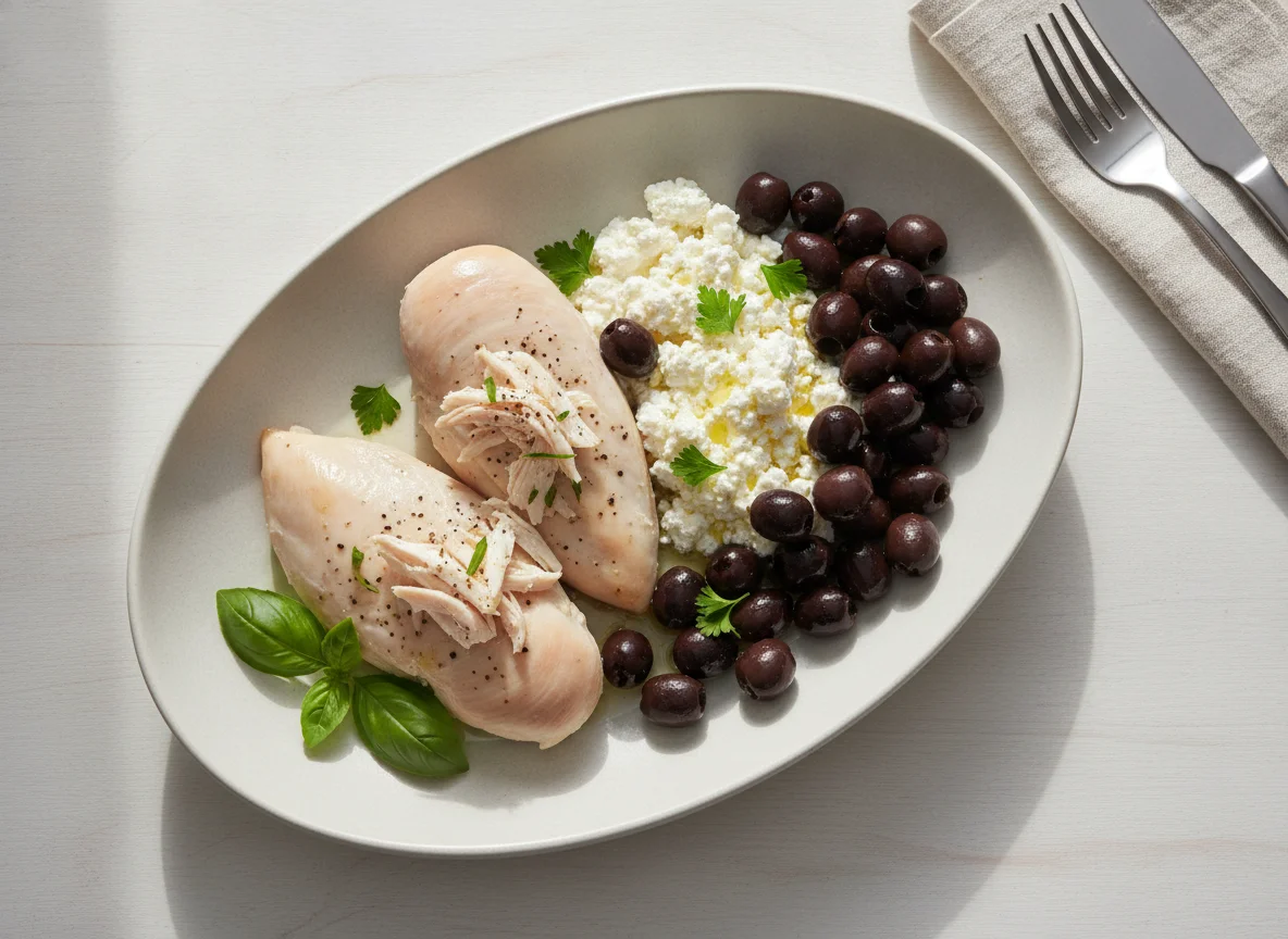 Chicken breast with cottage cheese and olives photo