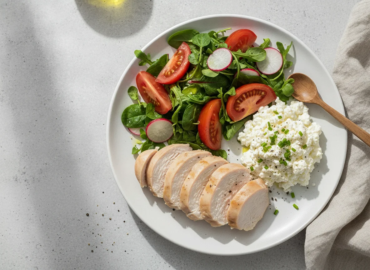 Chicken breast with cottage cheese and salad photo
