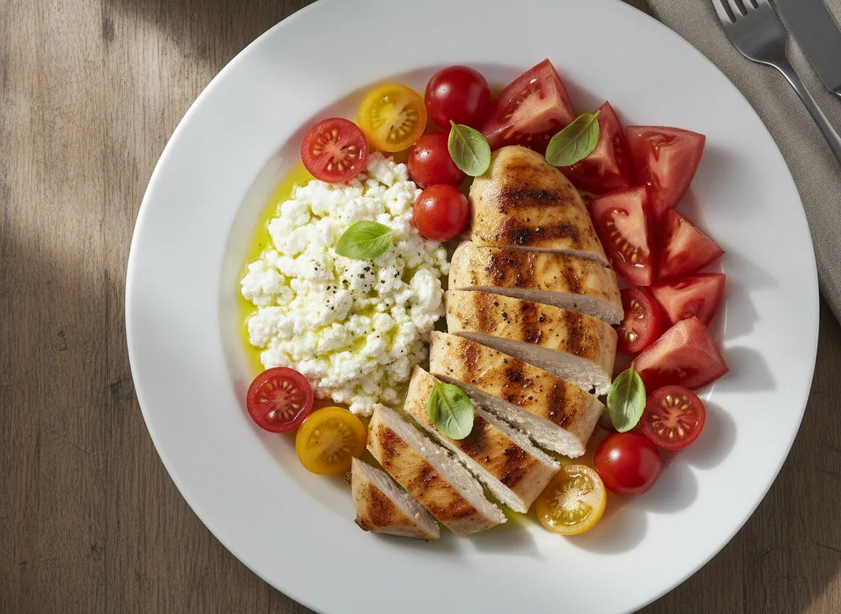 Chicken breast with cottage cheese and tomatoes photo