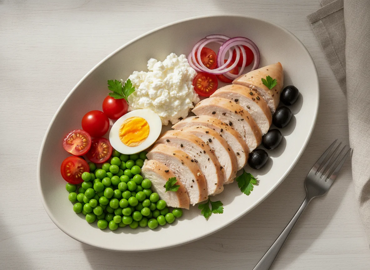 Chicken breast with cottage cheese, egg, and vegetables photo