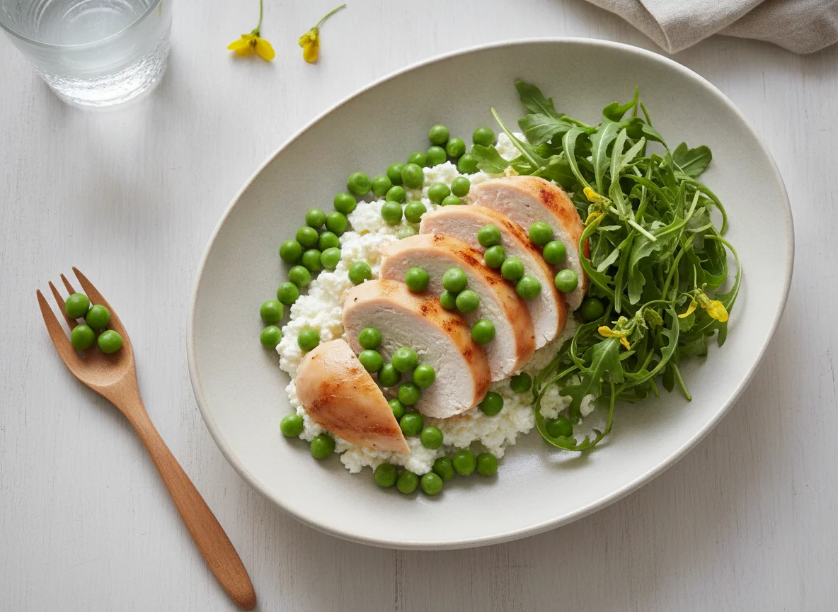 Chicken breast with cottage cheese, peas and arugula photo